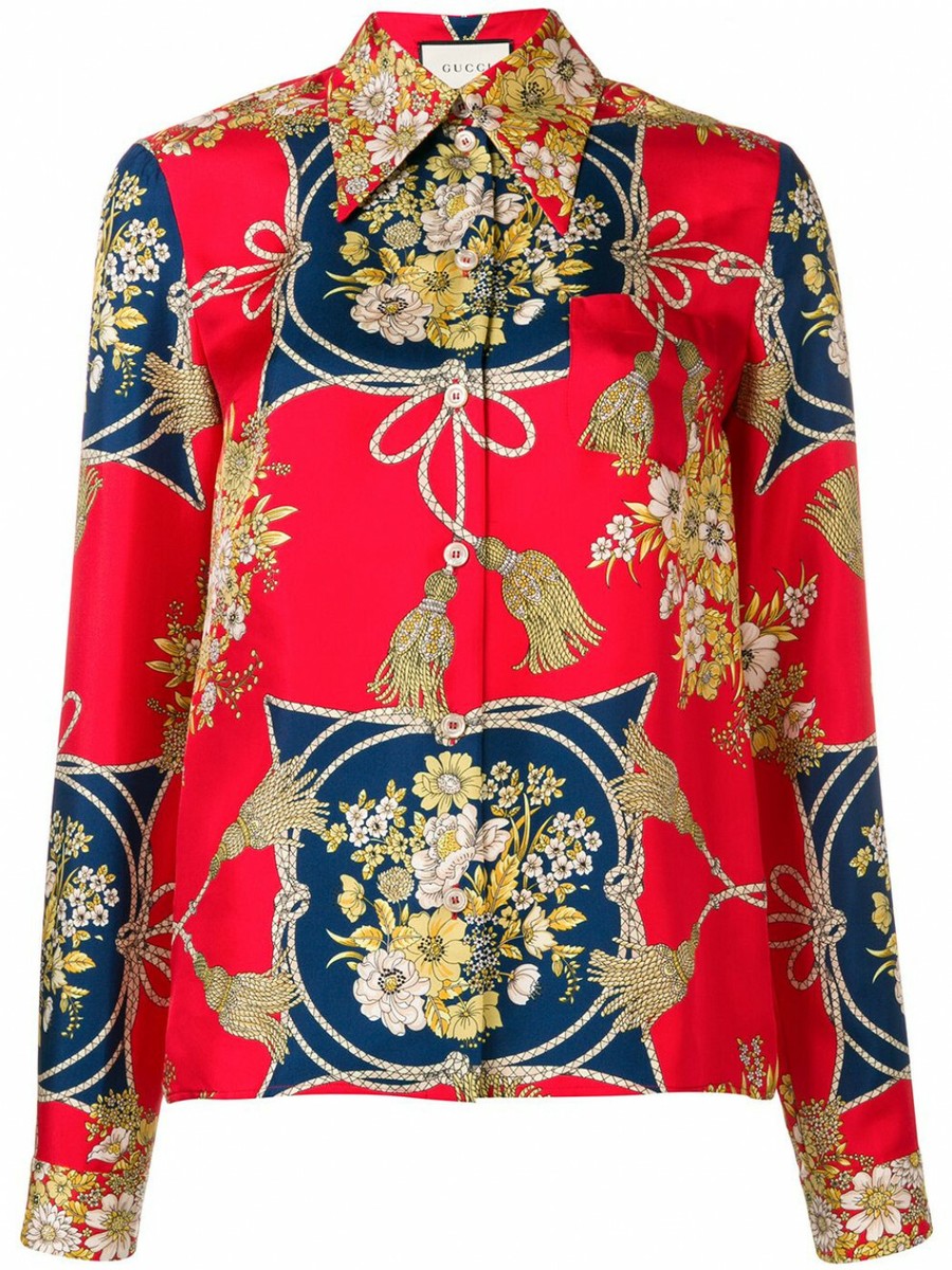 NEW Auth GUCCI FLORAL & TASSEL Print 100% SILK Twill BLOUSE Shirt