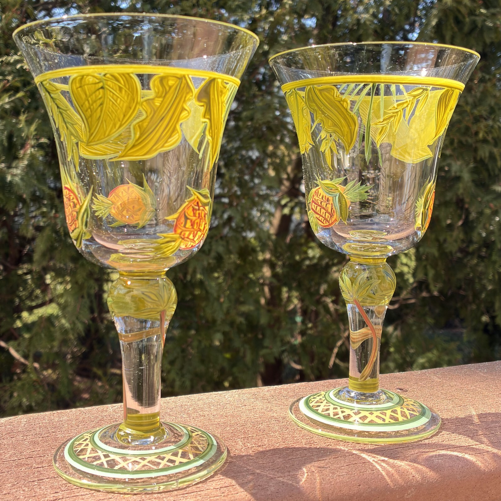 Vtg Hand-Painted Pineapple Fruit Set Of 2 Goblet Wine Glass Stemware ...