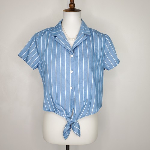 Allegra K. Blue White Pinstripe Button Up Tie Front Short Sleeve Top NWOT Size S