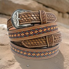 Beaded Western Belt Cowboy Rodeo Full Grain Leather Hand Tooled Removable Buckle