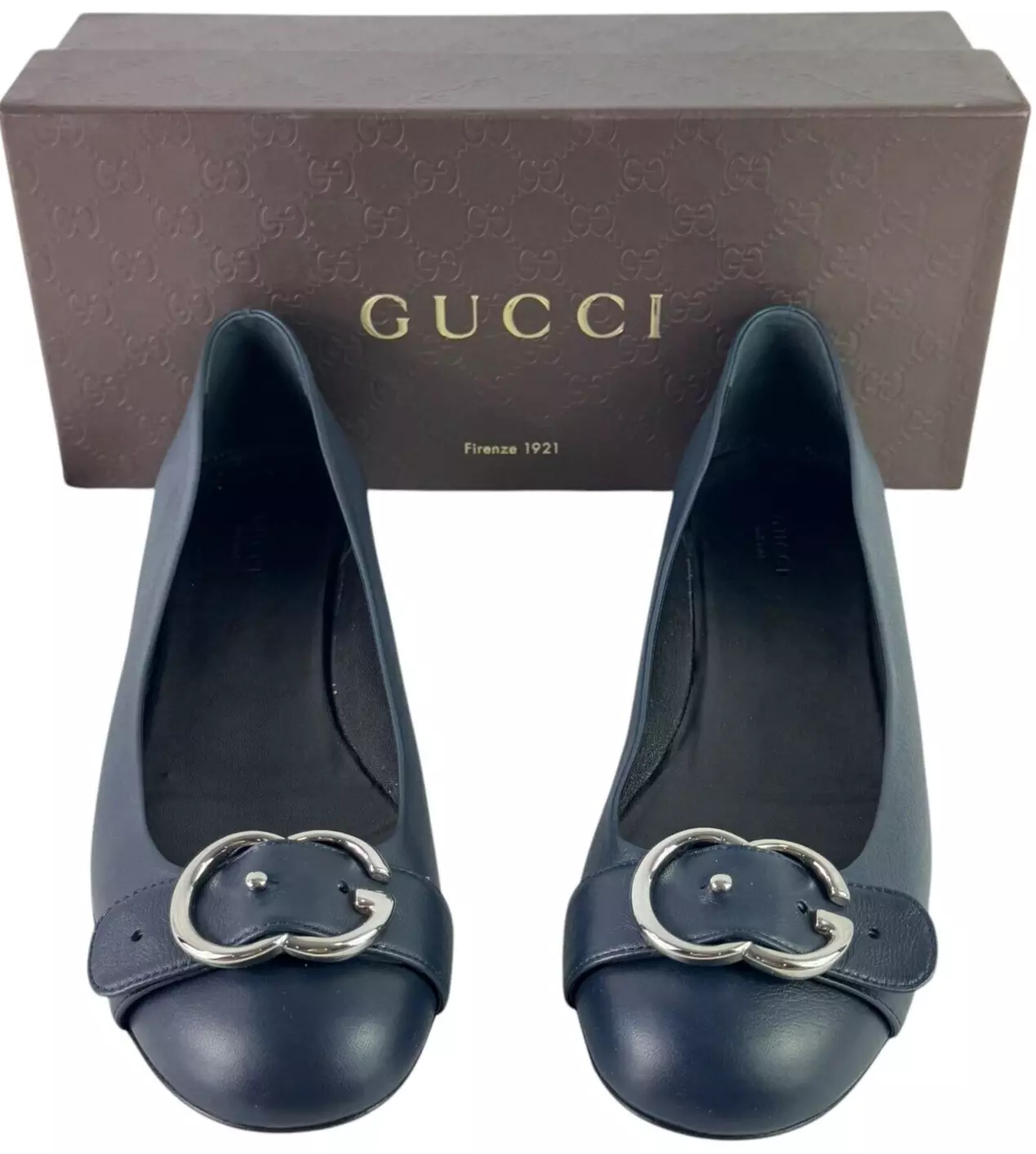 Ballerines GUCCI Sachalin cuir bleu marine logo avant bout bonnet 41   11US