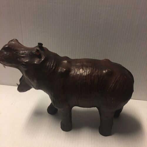 Leather Wrapped Hippopotamus Hippo Open Mouth Art Statue Sculpture Mid Century - Picture 3 of 19