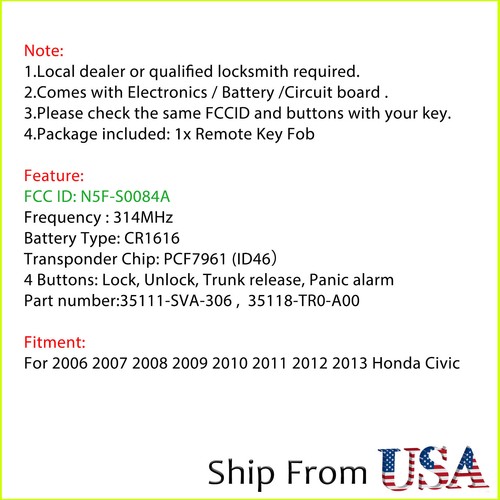 For Honda Civic 2006 2007 2008 2009 2010 2011 2012 2013 Remote Key Fob N5FS0084A - Picture 2 of 8