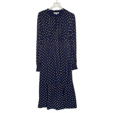 BODEN Long Sleeve Ruched Tea Dress US 10 French Navy Polka Dots *flaw