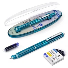 Clictek Fountain Pen Set: Retractable Style Blue Ink Medium Nib Transparent B...