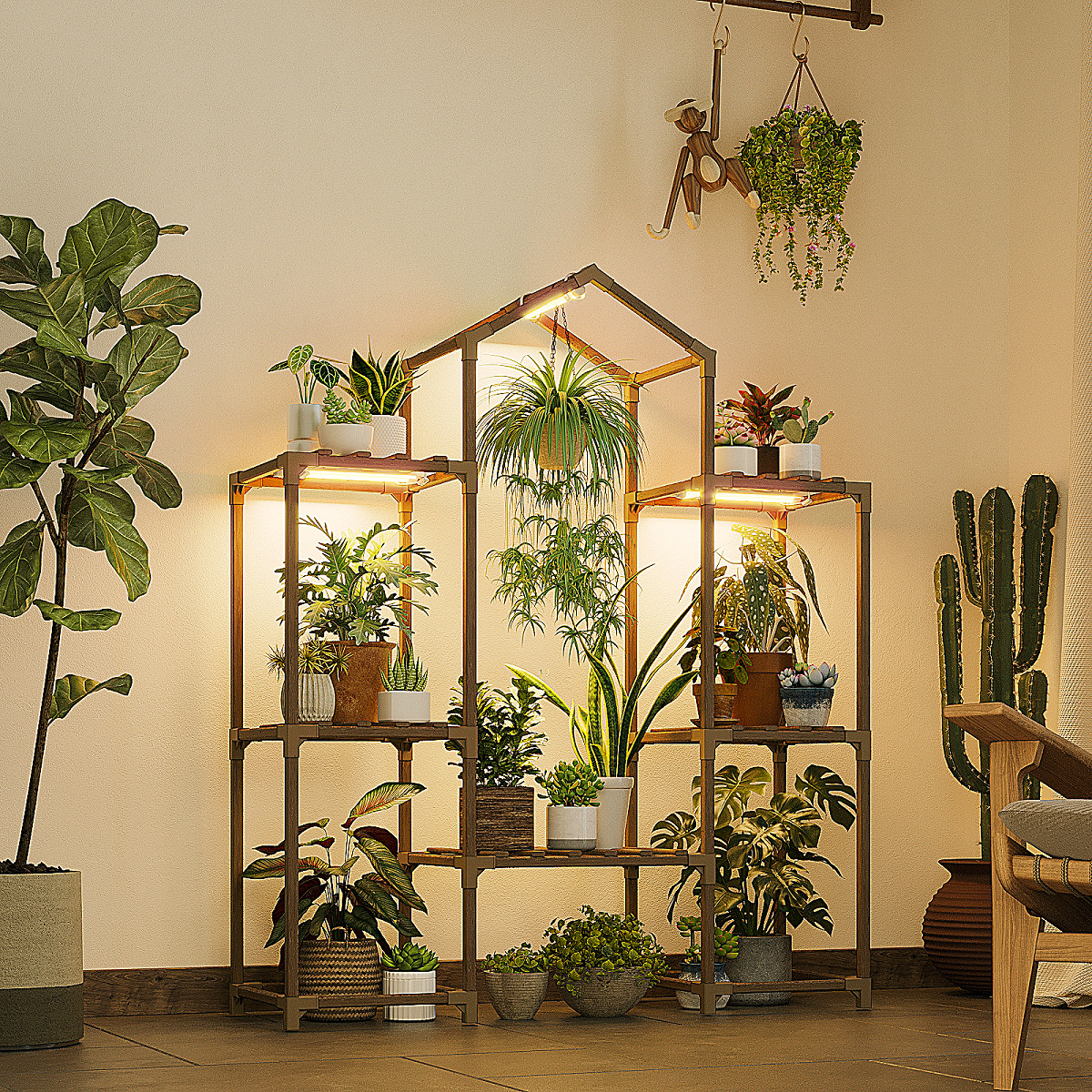 Bamworld Plant Stand Indoor with Grow Lights Wood Plant Shelf for Hanging Plant