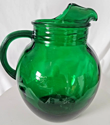 Vintage 1960s Anchor Hocking Roly Poly Ball Pitcher w/ Ice Lip Forest Green 8.5”