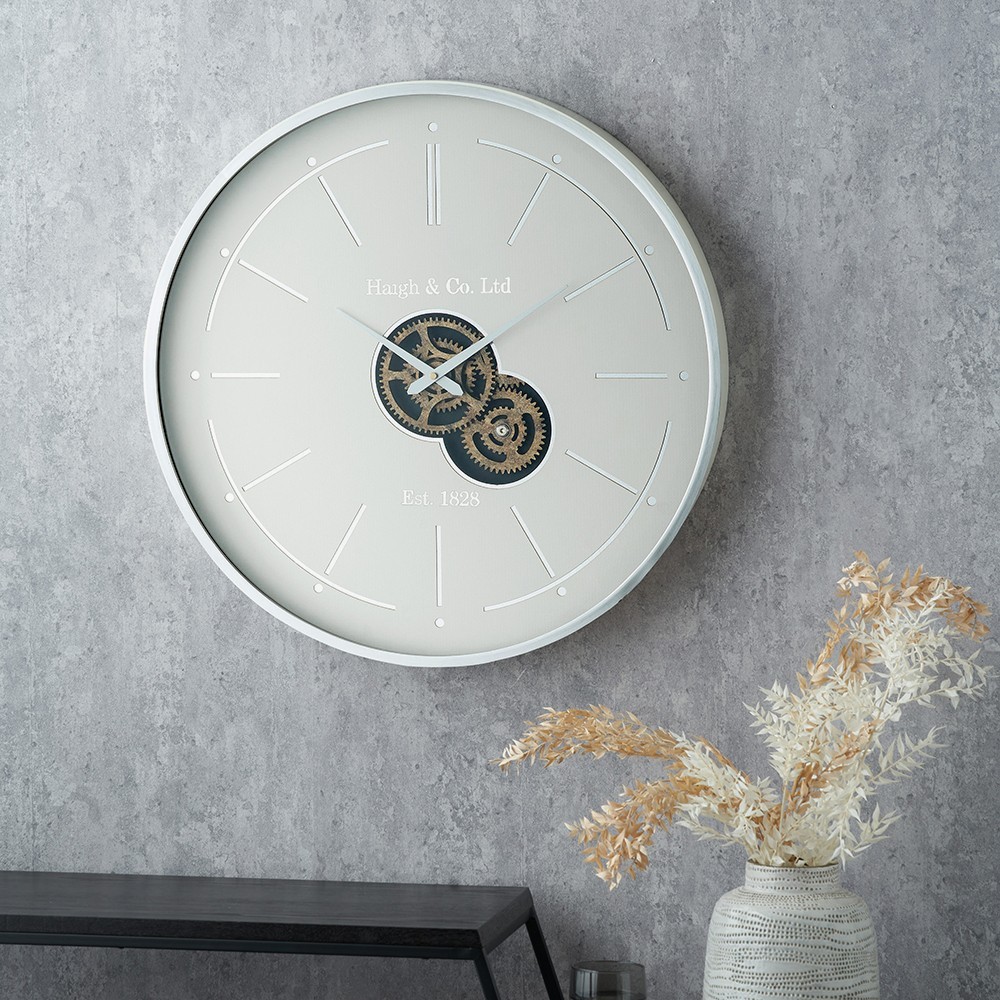 Round Wall Clock Ivory Silver Working Cog Skeleton Clock Face White Contemporary
