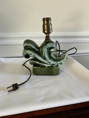 TV Lamp 1950 s Hunter Green Glaze with White Wave Design MCM Vintage