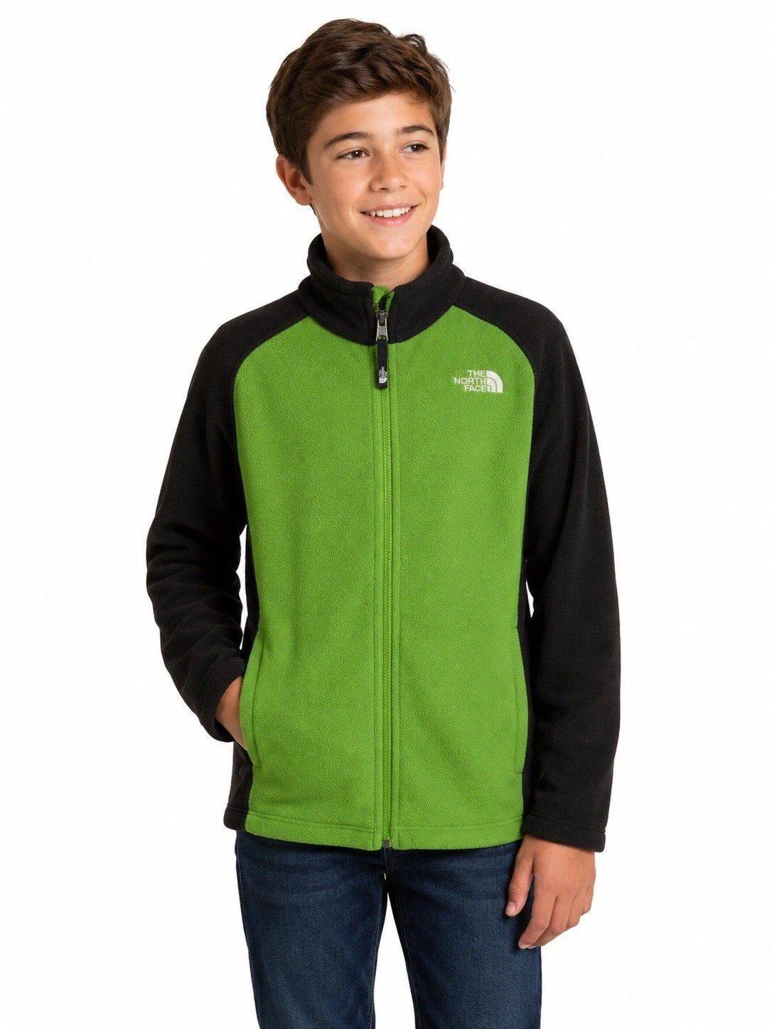 Boys The North Face Green Black Fleece Jacket Full Zip Youth LG 14/16 Outdoor