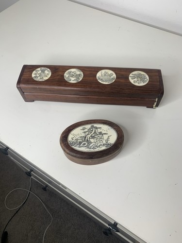 Antique wooden boxes contains a set of 10 chopsticks & Rests. Some Repair.