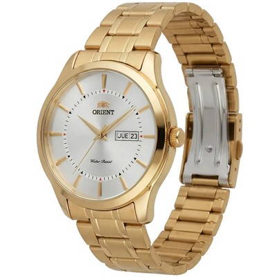 Orient Men's Watch Gold Tone Stainless Steel Silver Dial Day Date Quartz