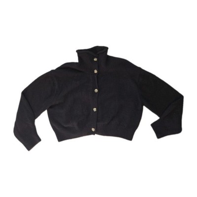 Massimo Dutti 100% Wool Cropped Cardigan Black Button Mock Neck Sweater Sz M GUC