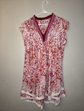 POUPETTE ST BARTH SASHA MINI DRESS LARGE PINK RED WHITE  FLORAL FLUTTER SLEEVE