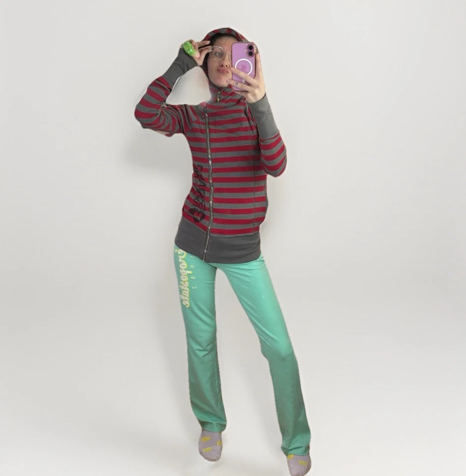 Sudadera con Capucha Súper Rara Harajuku Lovers Cremallera Completa Gráfica a Rayas Talla Pequeña Foto 3 de 4