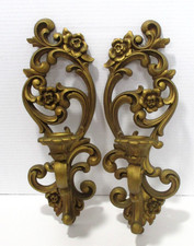 Homco Ornate Wall Sconce Candle Holders Antique Gold Vintage 1971 X 2