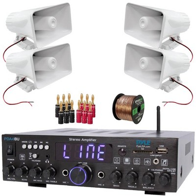 Pyle PDA4BU Compact Audio Receiver, 4x 8'' 65W PA Horn Speakers, Banana Plugs