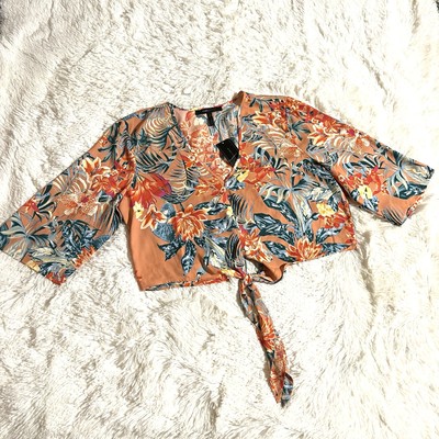BCBG MAXAZRIA Tropical Multicolor Tie Front Crop Top Women s Size Large NWT $58