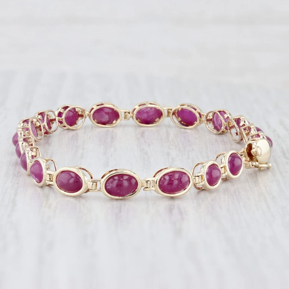 Ruby Oval Cabochon Tennis Bracelet 14k Yellow Gold 6.75" 5.2mm - Image 3 of 4