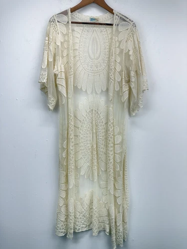 OFF WHITE Spolverino kimono boho Rebellion Again taglia media donna avorio pizzo all'uncinetto