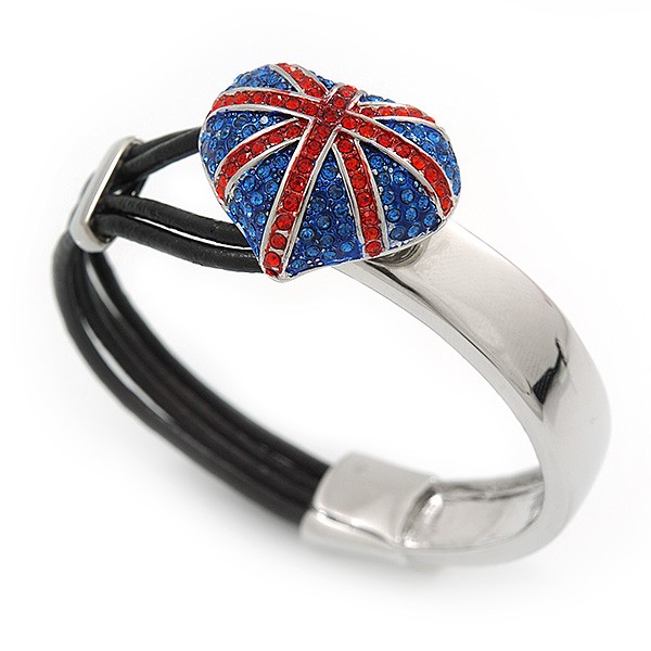 Swarovski Crystal Union Jack 'Heart' Leather Cord Bracelet - 17cm Length (for