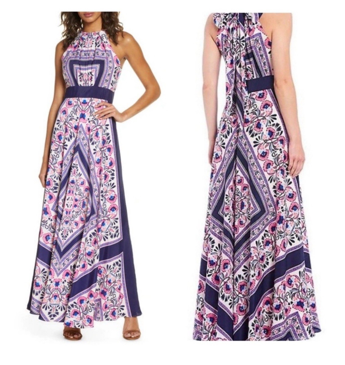 ELIZA J Blue Scarf Print Halter Tie Back Chiffon Maxi Gown Dress 8 = M  Wedding | eBay