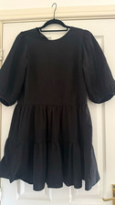 New Look Black Textured Smock Dress Round Neck 3/4 Puff Sleeve UK 8