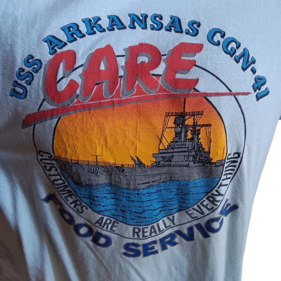 USS Arkansas CGN-41 Vintage T-Shirt Single Stitch Medium 1980s Food Service Blue - Image 4 of 4