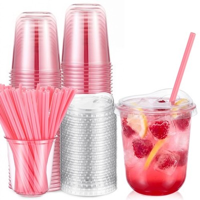 Ziliny 50 Sets Plastic Cups with Pink Heart Straws and Lids, Pink, 14 oz | Cl...