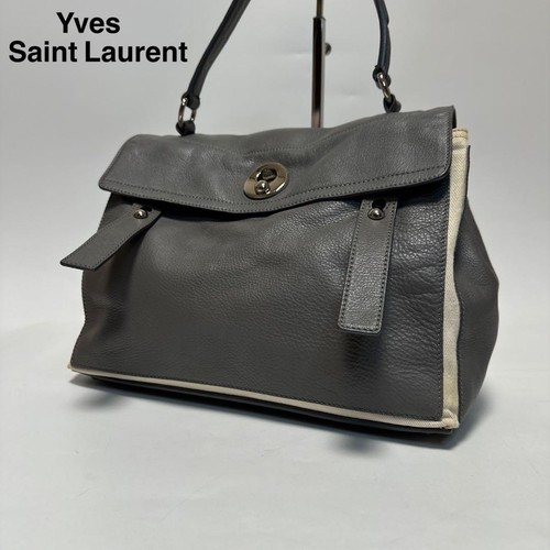 YSL Muse Two Gray Leather Handbag Top Handle Turn Lock Women’s Bag Auth