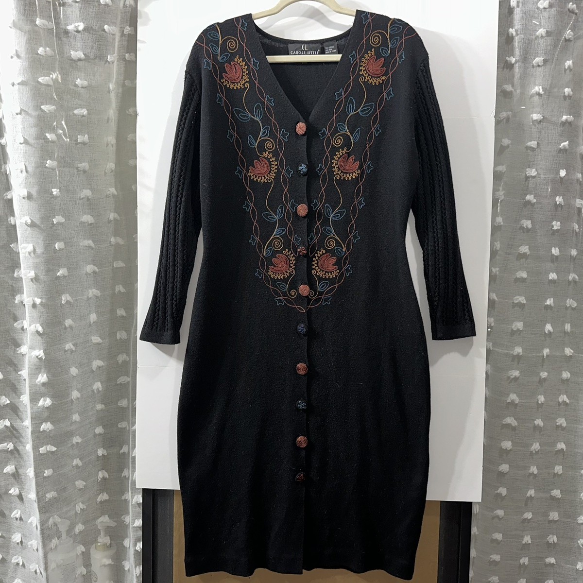 Vintage Carole Little Sweater Dress Size Medium Floral Embroidered Cable Knit