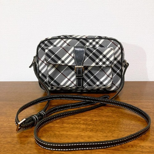 BURBERRY BLUE LABEL Check Pattern Canvas Leather Shoulder Bag Grey Black Used