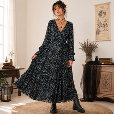 Urban Outfitters Sz L Blue Brown Maxi Faux Wrap Dress Witchy Crinkled Floral