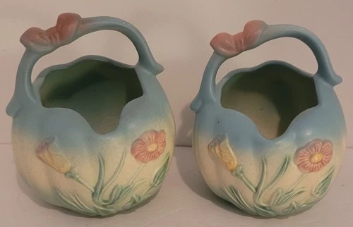 Vintage Blue Bow Knot Baskets - Hull Pottery 6” set of 2 Excellent