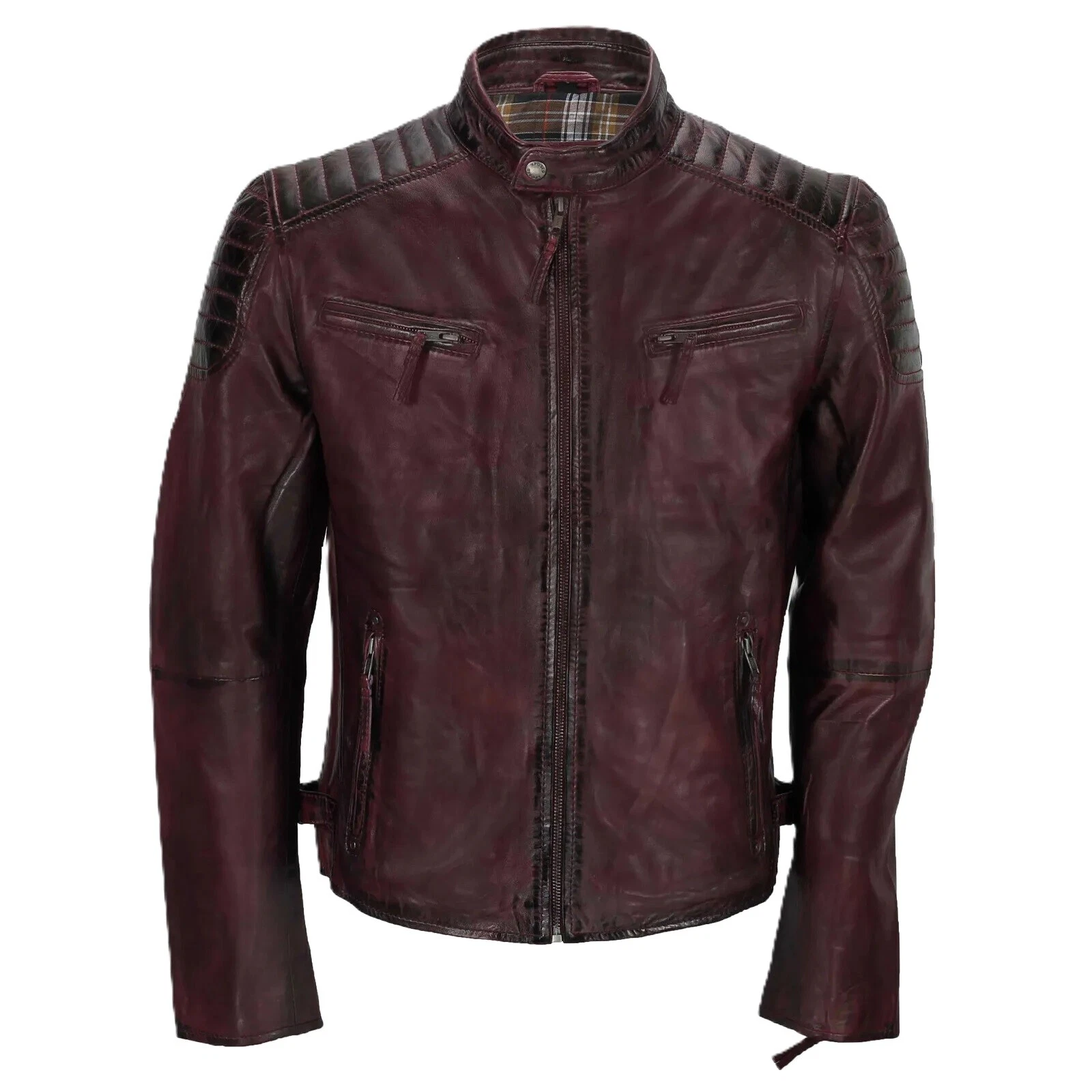 Men's 100% Geniune Lambskin Leather Burgundy Vintage Biker Jacket Motorcycle Co