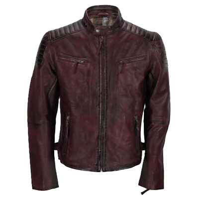 Men's 100% Geniune Lambskin Leather Burgundy Vintage Biker Jacket Motorcycle Co