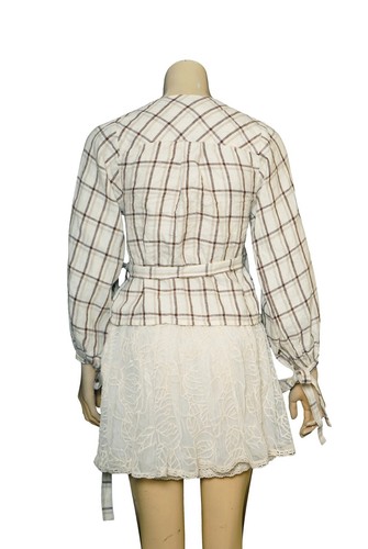 Posse Wrap Plaid Top S 6 Women Casual Balloon Long Sleeve Crop Blouse NEW 36729 - Picture 2 of 5