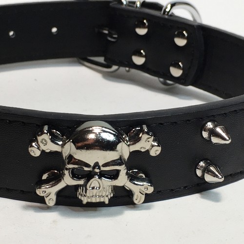 Spiked Dog Collar Black Leather Strap Adjustable Studded Rivets W Skull & Bones - Picture 3 of 6