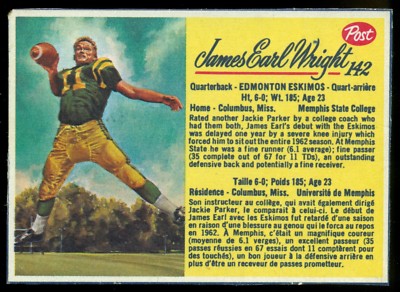1963 POST CFL FOOTBALL 142 JAMES EARL WRIGHT EX-NM EDMONTON ESKIMOS MEMPHIS STAT