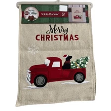 Winter Wonder Lane 72 Inch Table Runner Red Truck Black Lab Dog Merry Christmas