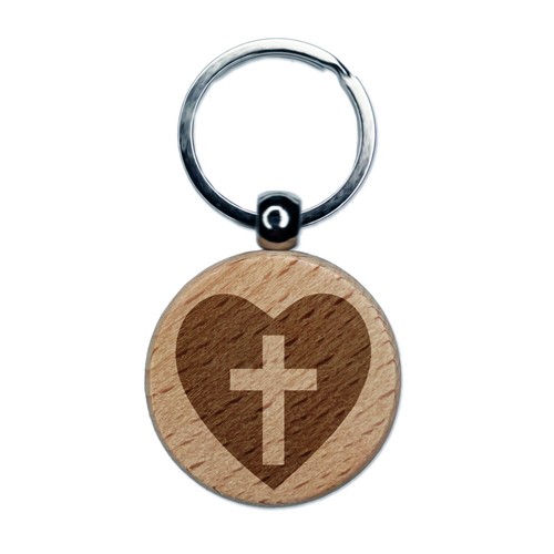 Cross in Heart Christian Engraved Wood Round Keychain Tag Charm - 第 1/6 張圖片