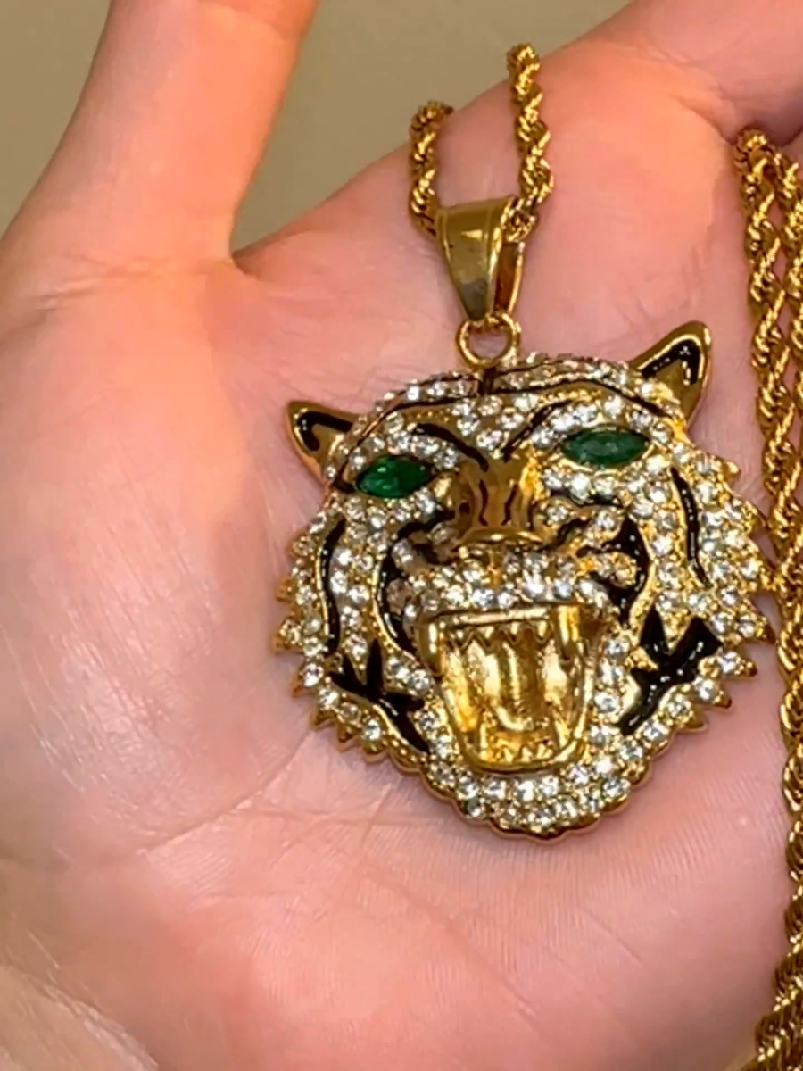 14k Gold Men's Iced Red Eye Wild Panther Pendant Necklace
