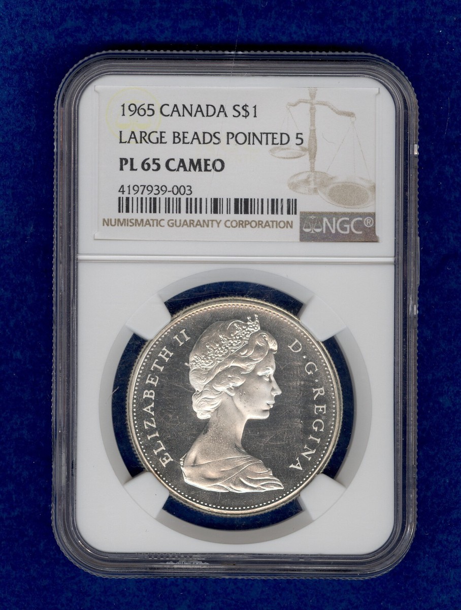 1965 Canadian Silver Dollar Large Beads Pointed 5 NGC PL 65 Cameo