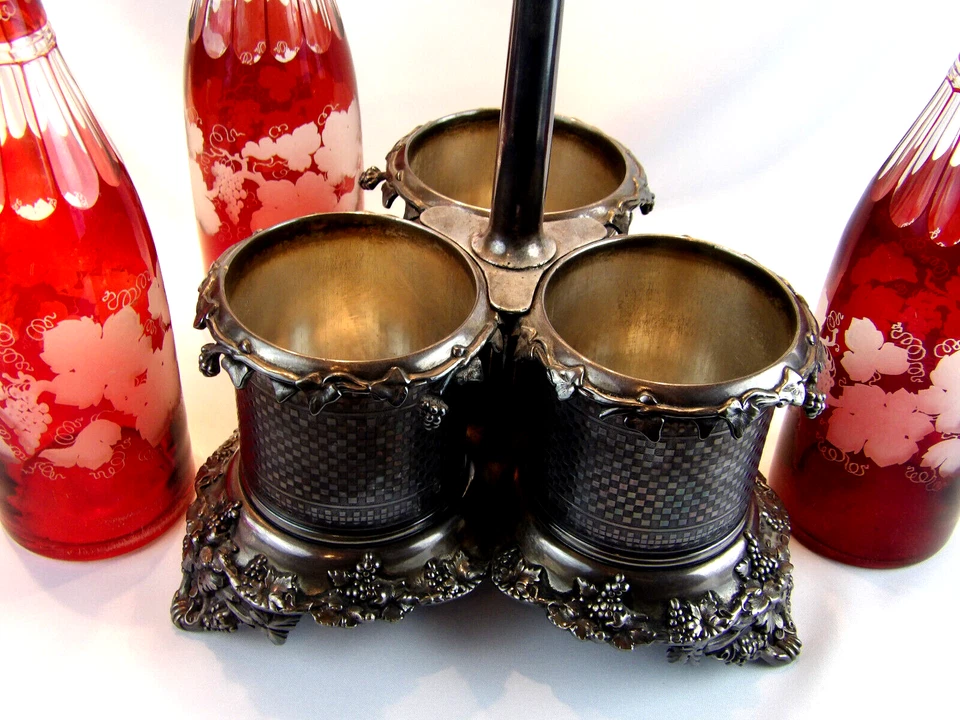 Victorian Art Glass Ruby Stained Triple Wine Decanter Set Silver Caddy c.1850 - Image 4 of 4