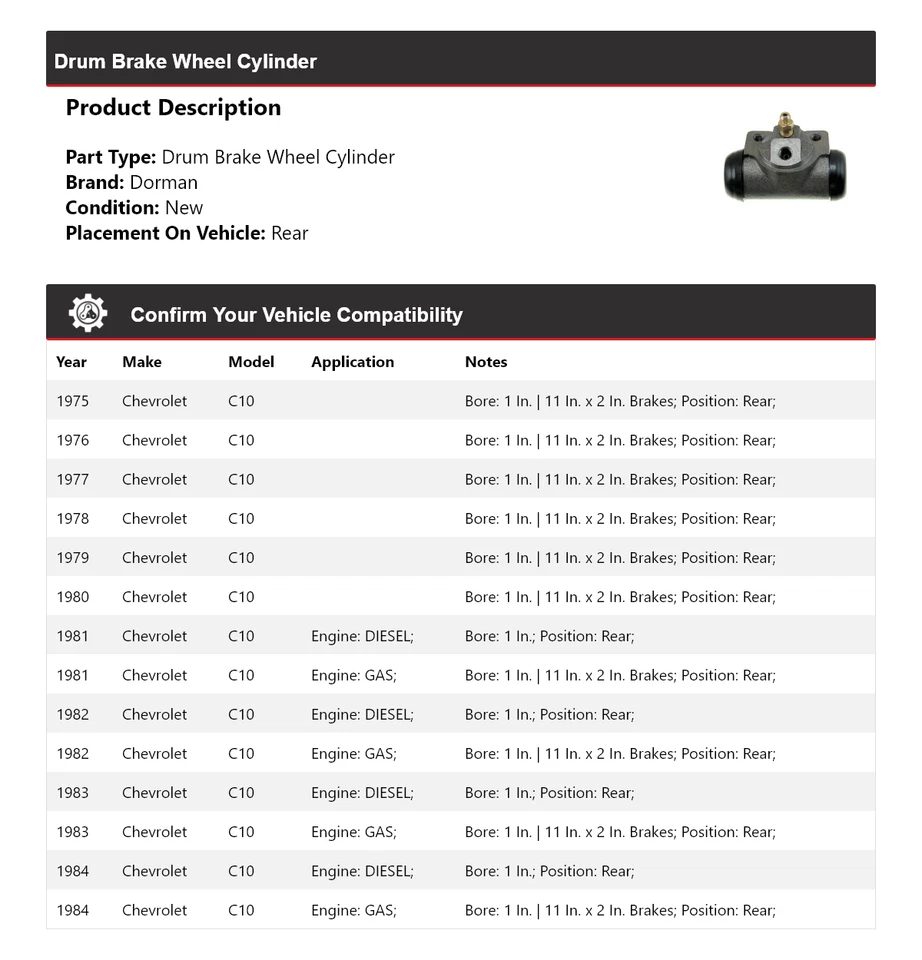 Задний цилиндр барабанного тормоза колеса для Chevrolet C10 Dorman 1975-1984 годов выпуска 1976 1977 1978 - Изображение 2 из 3