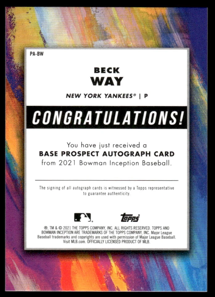 2021 Bowman Inception Autographs Beck Way Auto /600 New York Yankees #PA-BW - Image 2 of 2
