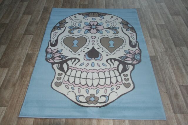 Quality Sky Blue Skull Rug 150cm x 100cm Skull Cross-Bone Print Rug (95)