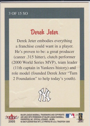 DEREK JETER 2005 Fleer STAND OUTS Premium Insert Baseball Card NEW YORK YANKEES! - Picture 2 of 2