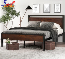 14 Inch Full Size Metal Platform Bed Frame with Wooden Headboard  Footboard NEW