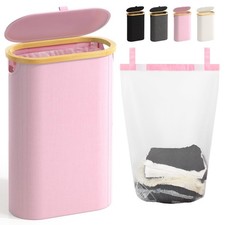 60L Pink Slim Laundry Hamper with Lid Small Thin Basket with Removable Bag